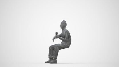 3D human model man casual sitting, photogrammetry scanned person for archviz, wireframe back view