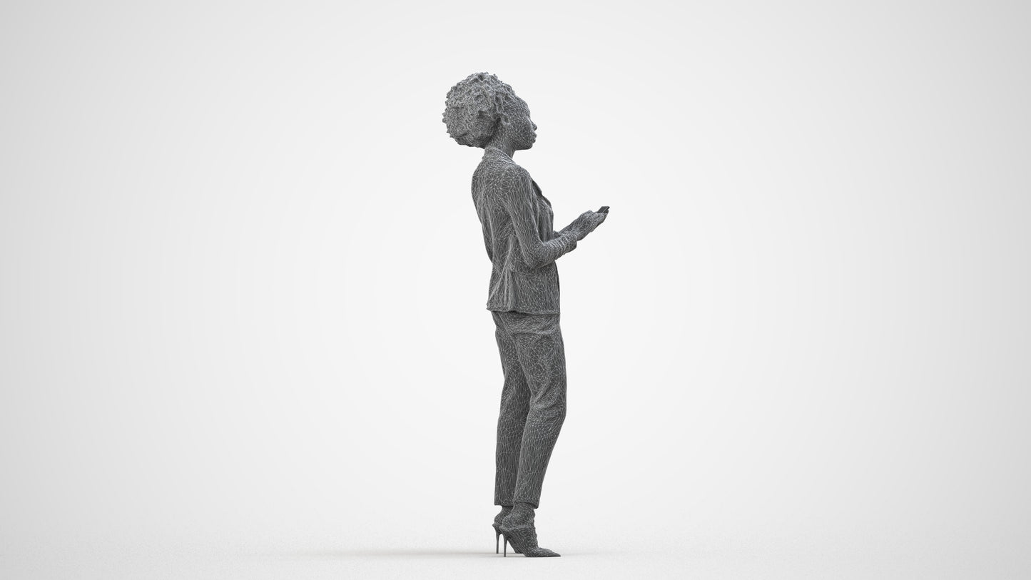 3D people model woman business standing, scanned human for 3ds Max rendering, wireframe side view