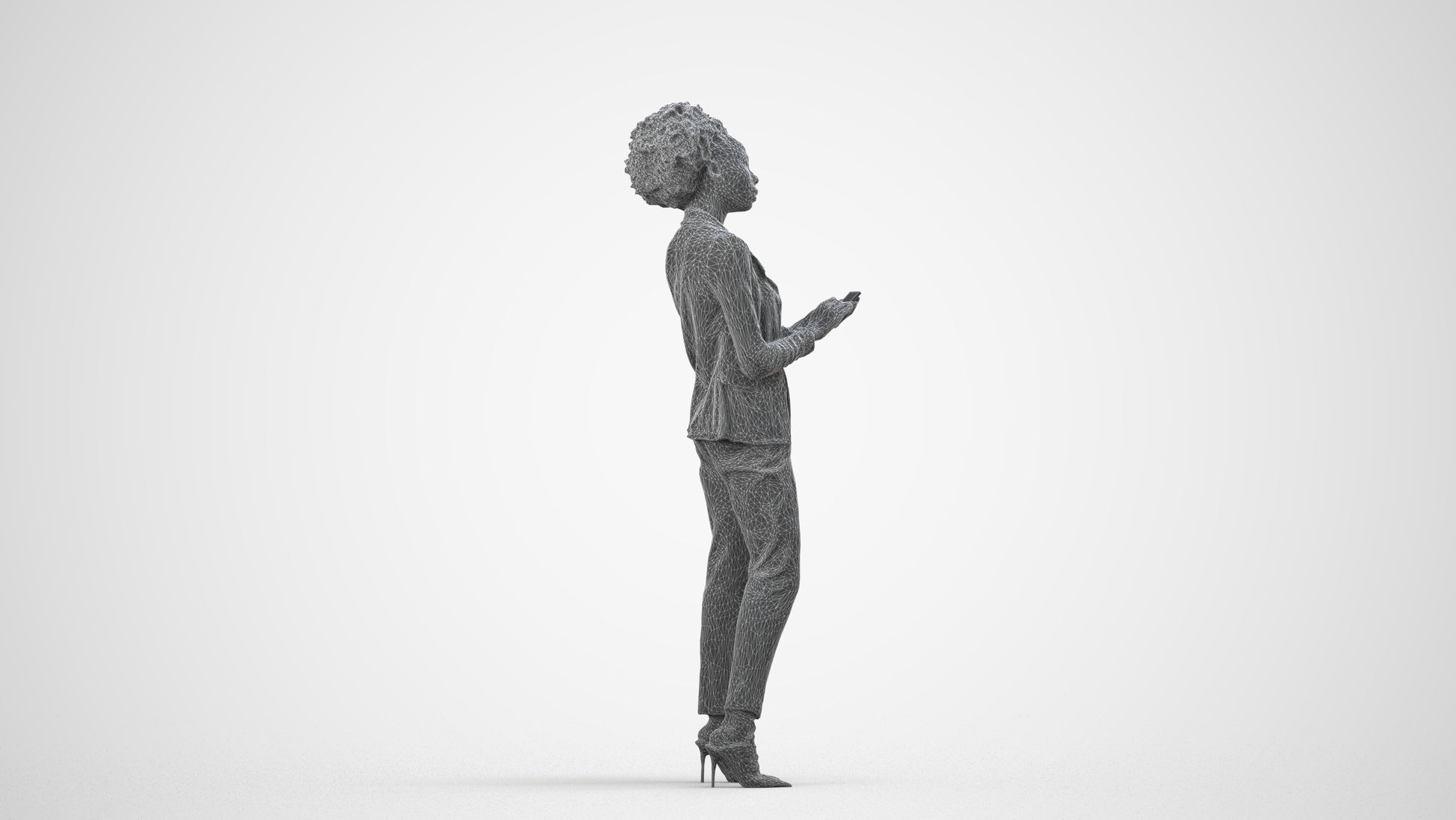 3D people model woman business standing, scanned human for 3ds Max rendering, wireframe side view