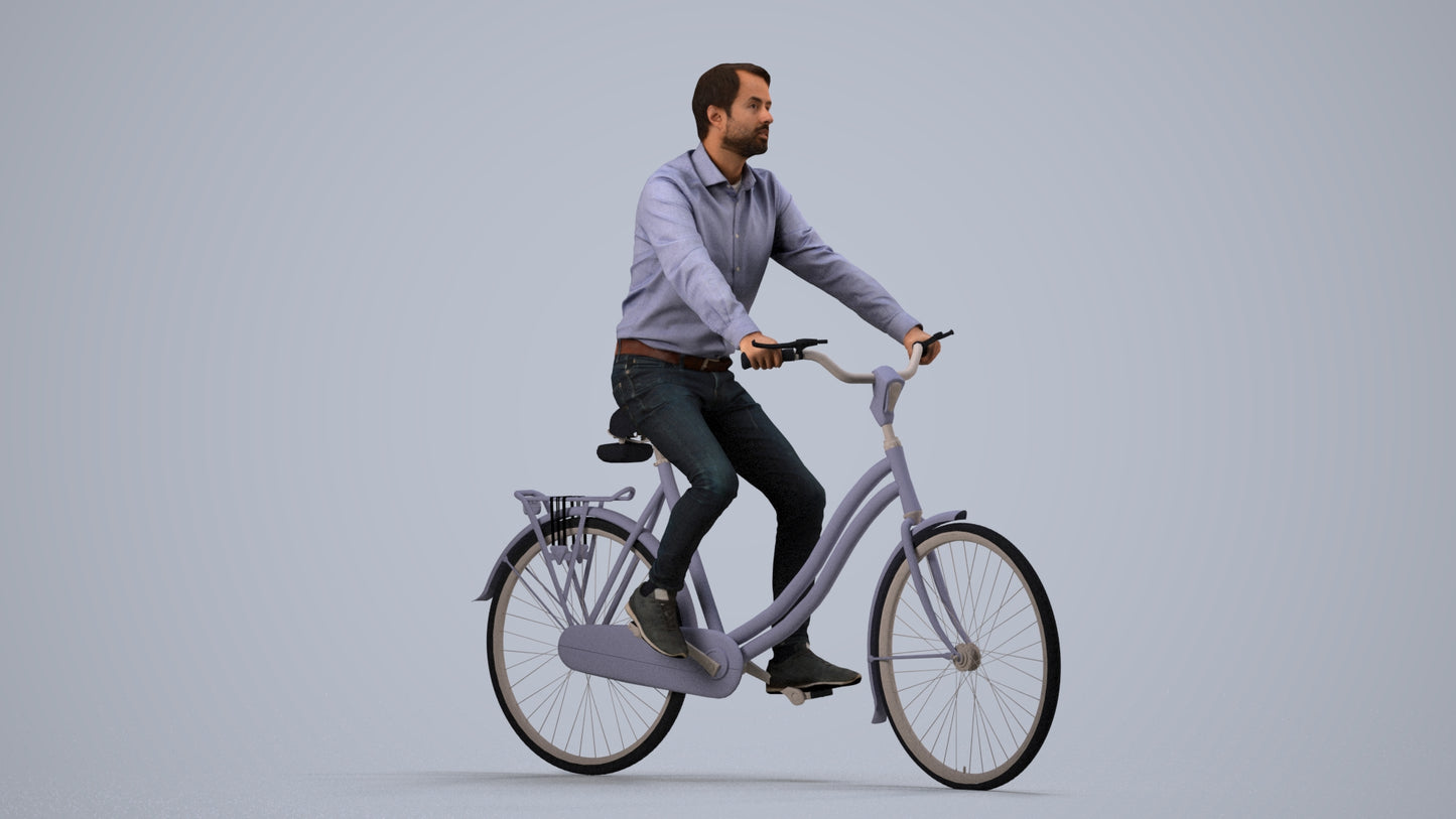 3D scanned man cycling business, photorealistic archviz people for Enscape and SketchUp, side view render