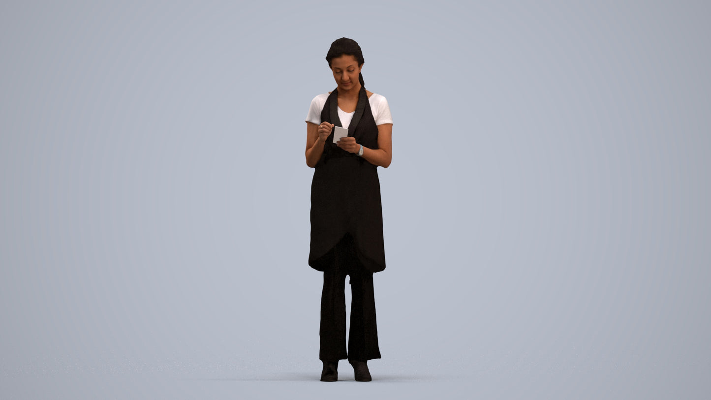 3D human model woman hospitality, photogrammetry scanned person for archviz, standing pose render