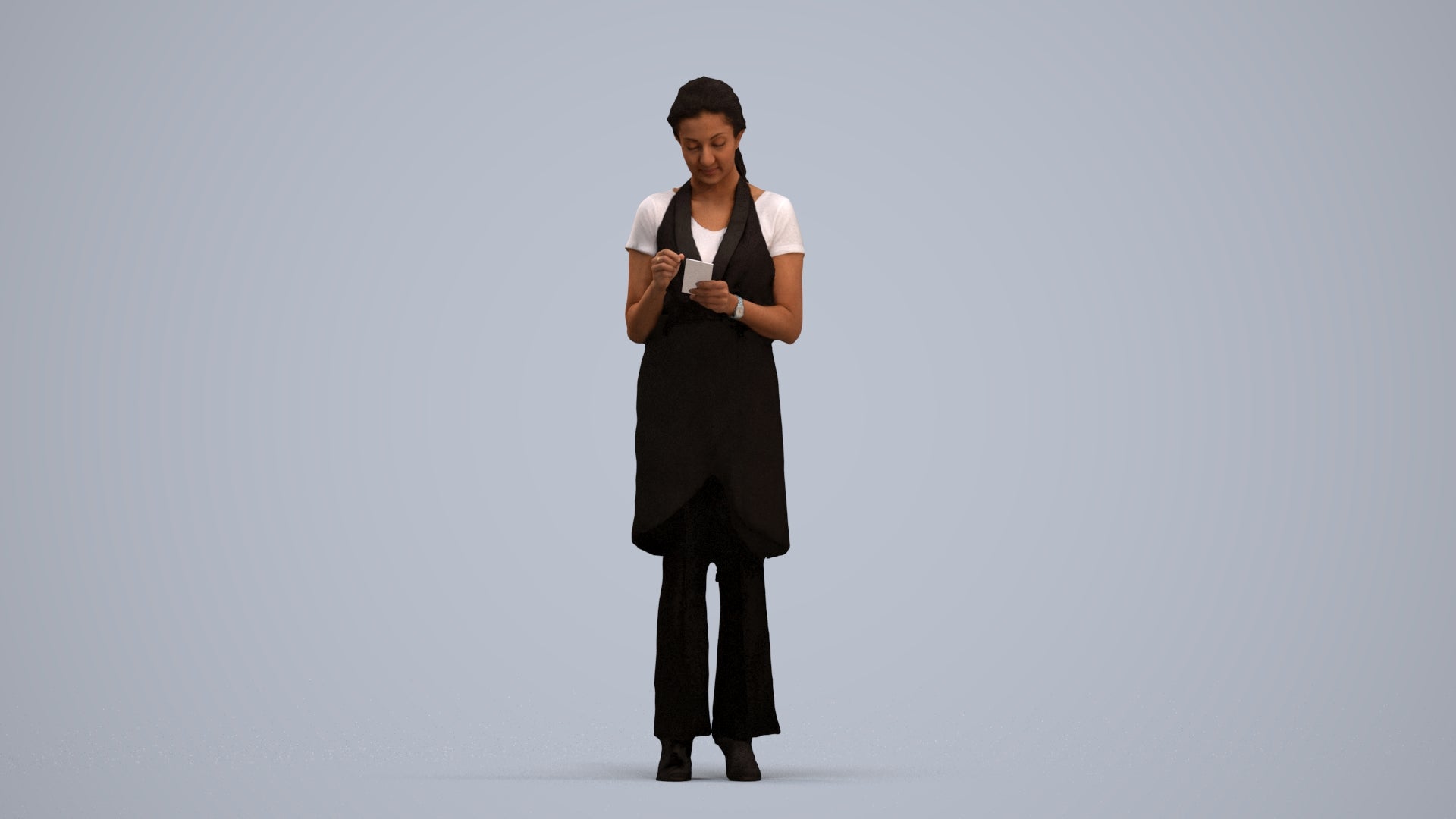 3D human model woman hospitality, photogrammetry scanned person for archviz, standing pose render