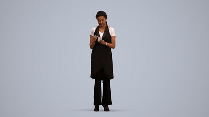 3D human model woman hospitality, photogrammetry scanned person for archviz, standing pose render