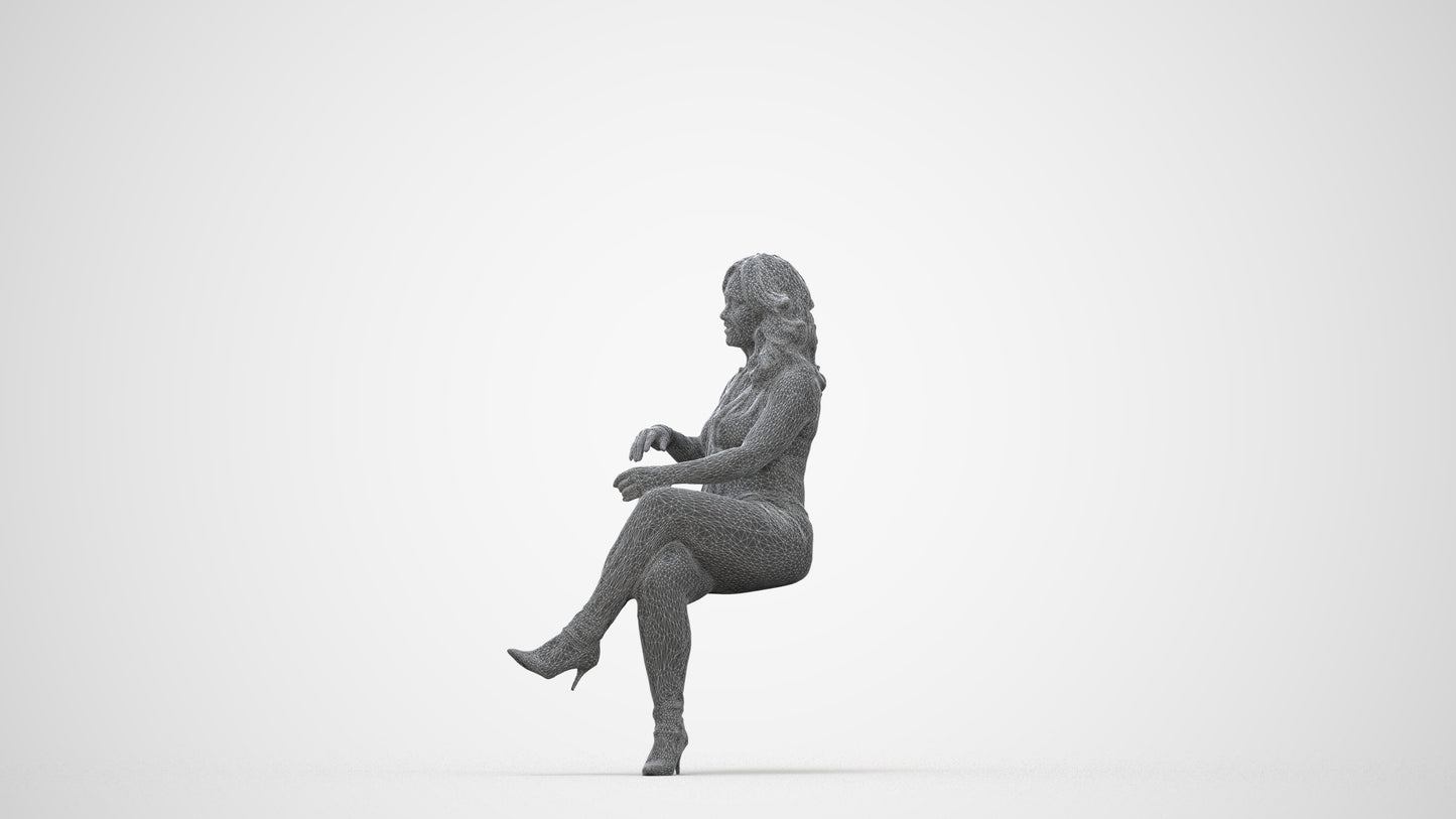 realistic 3D human woman casual sitting, archviz people FBX OBJ for Blender, wireframe back view