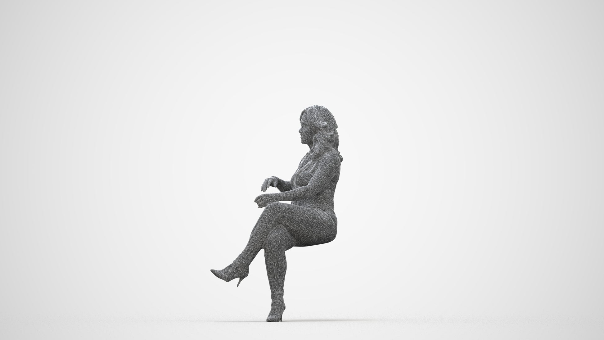 realistic 3D human woman casual sitting, archviz people FBX OBJ for Blender, wireframe back view