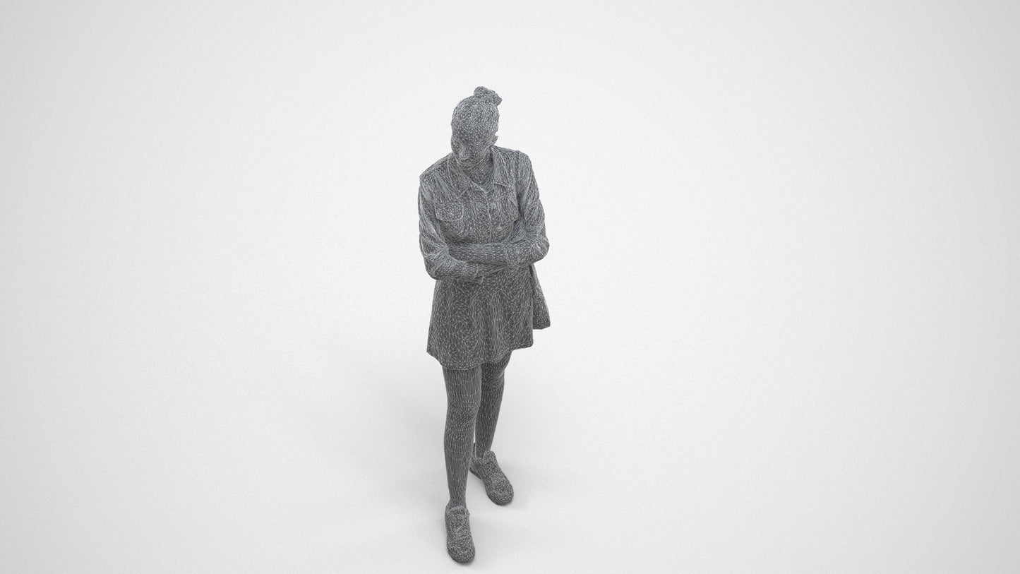 photogrammetry 3D woman casual standing, realistic human model archviz FBX, wireframe three-quarter view