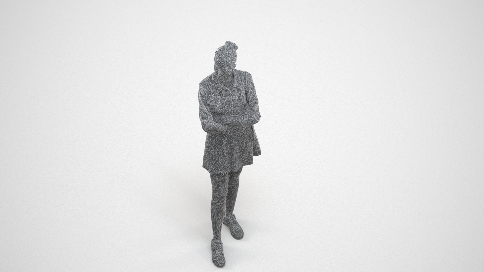 photogrammetry 3D woman casual standing, realistic human model archviz FBX, wireframe three-quarter view