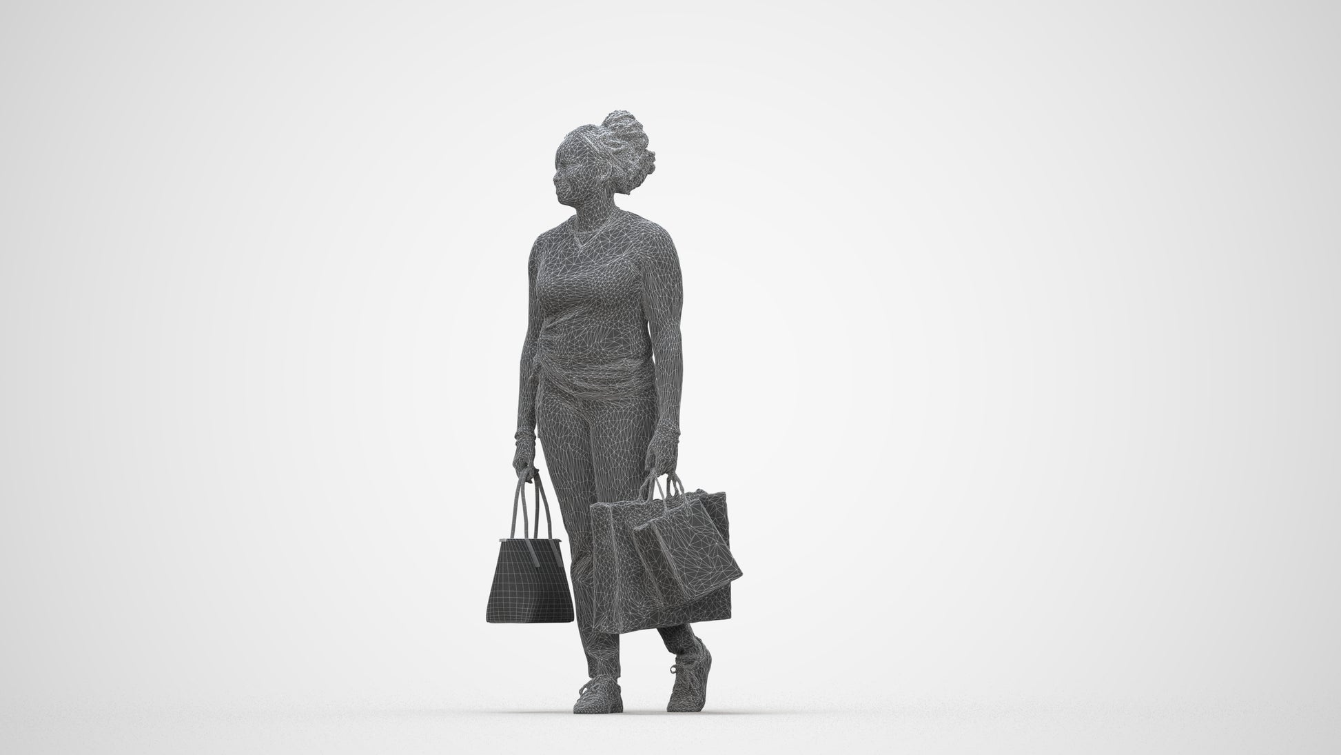 3D people model woman casual shopping, scanned human for 3ds Max rendering, wireframe back view