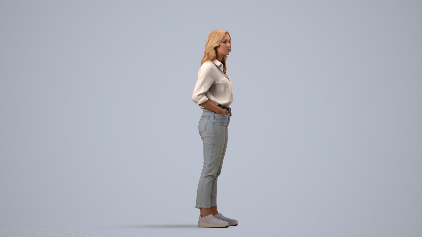 realistic 3D woman casual standing, scanned archviz people for Blender and 3ds Max, side view render