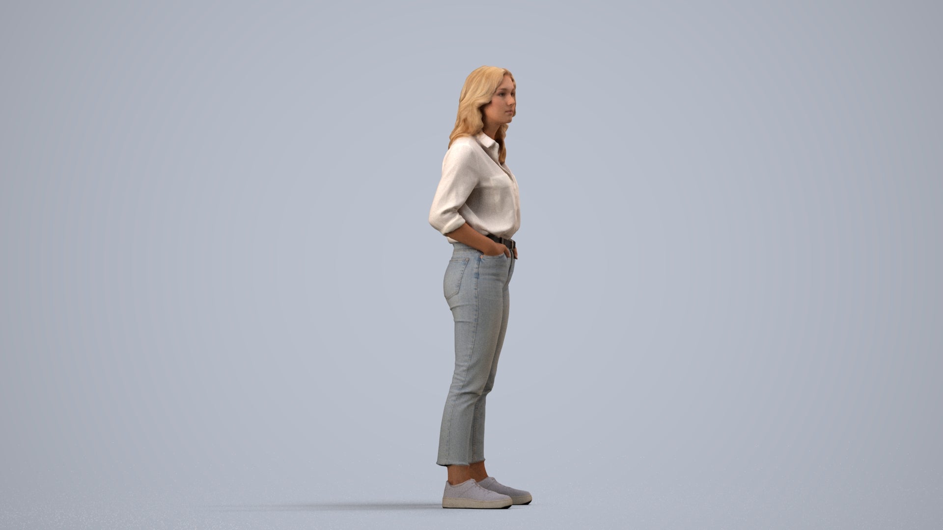 realistic 3D woman casual standing, scanned archviz people for Blender and 3ds Max, side view render
