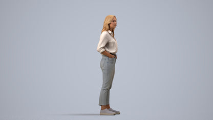 realistic 3D woman casual standing, scanned archviz people for Blender and 3ds Max, side view render