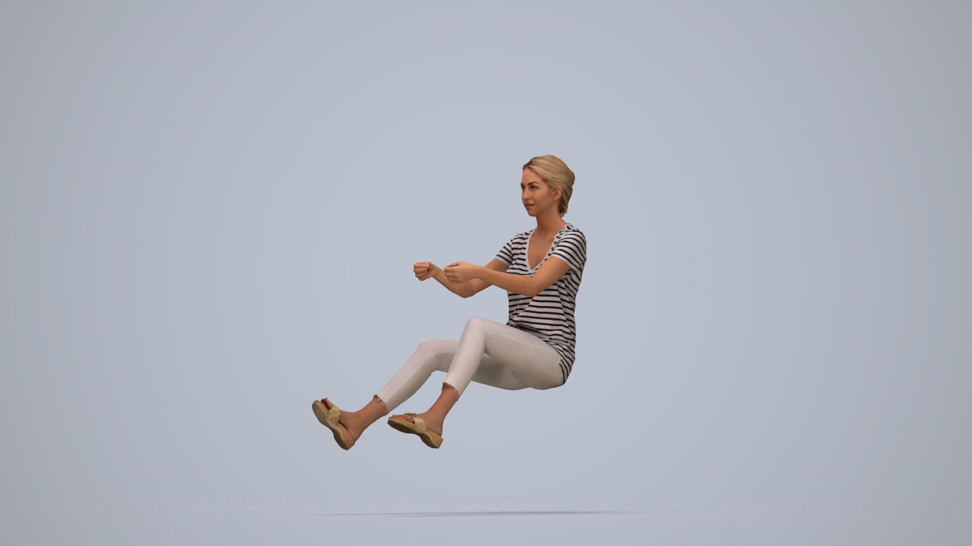 3D human model woman casual driving, photogrammetry scanned person for archviz, top-down view render