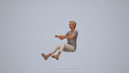 3D human model woman casual driving, photogrammetry scanned person for archviz, top-down view render