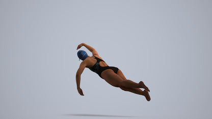 3D human model woman sport pool, photogrammetry scanned person for archviz, front view render