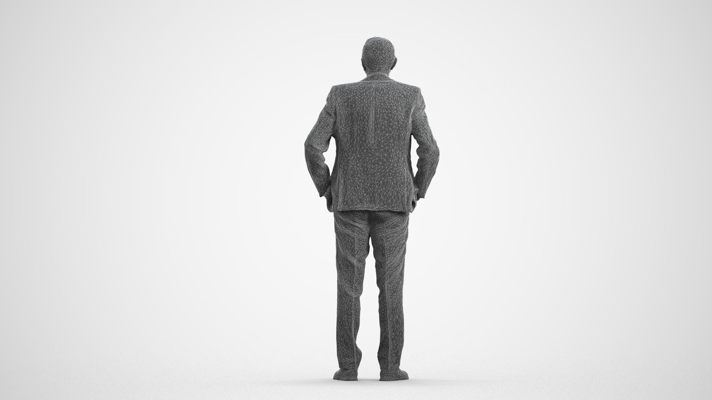 scanned 3D senior man business standing, photogrammetry people for Enscape and V-Ray, wireframe front view