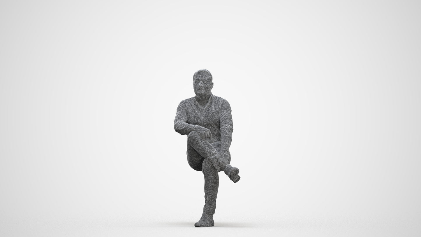 3D human model man casual sitting, photogrammetry scanned person for archviz, three-quarter front view render