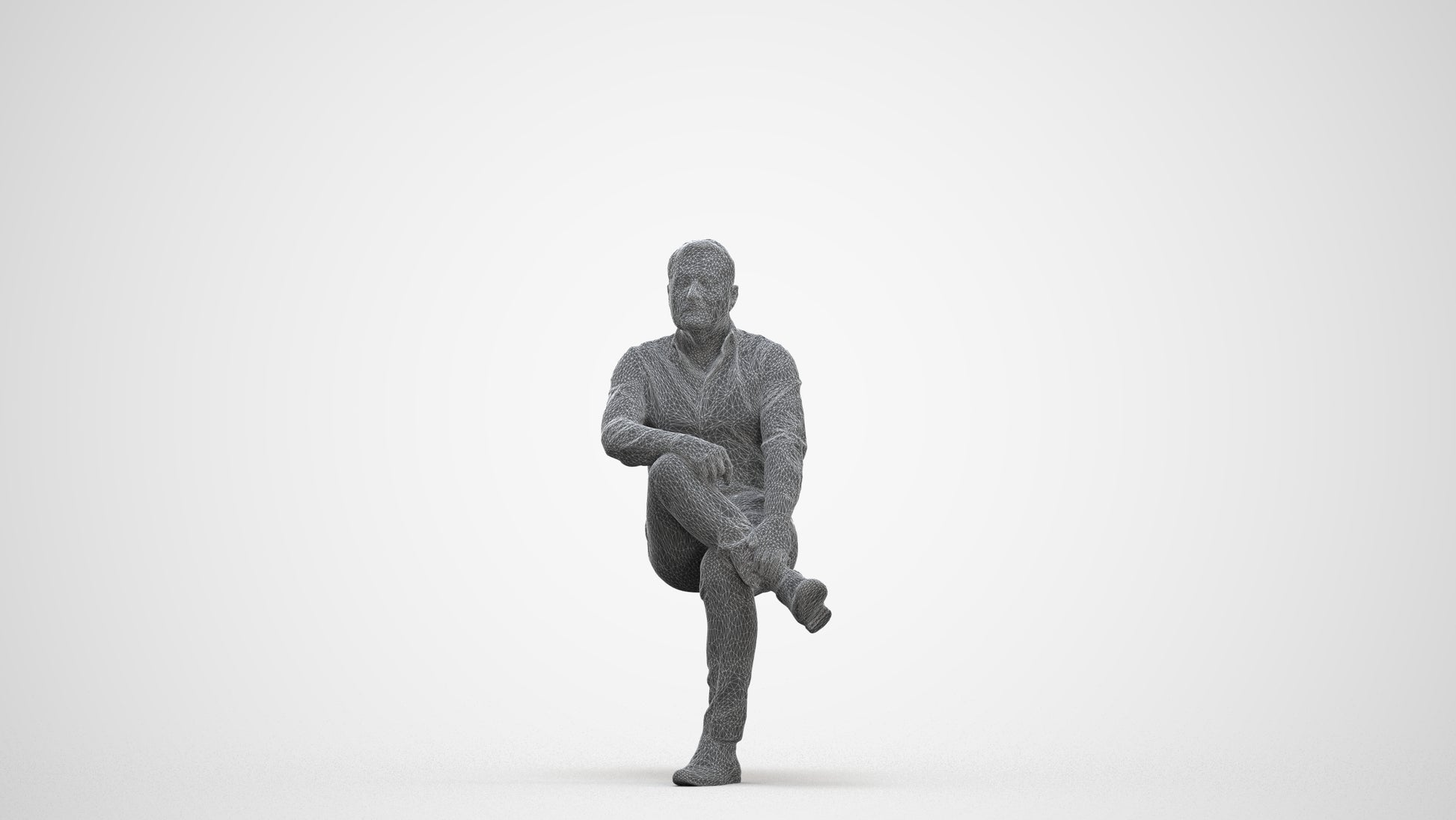 3D human model man casual sitting, photogrammetry scanned person for archviz, three-quarter front view render