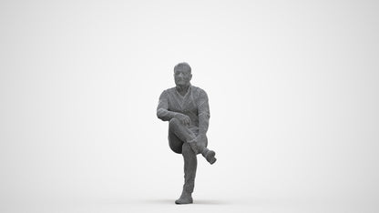 3D human model man casual sitting, photogrammetry scanned person for archviz, three-quarter front view render