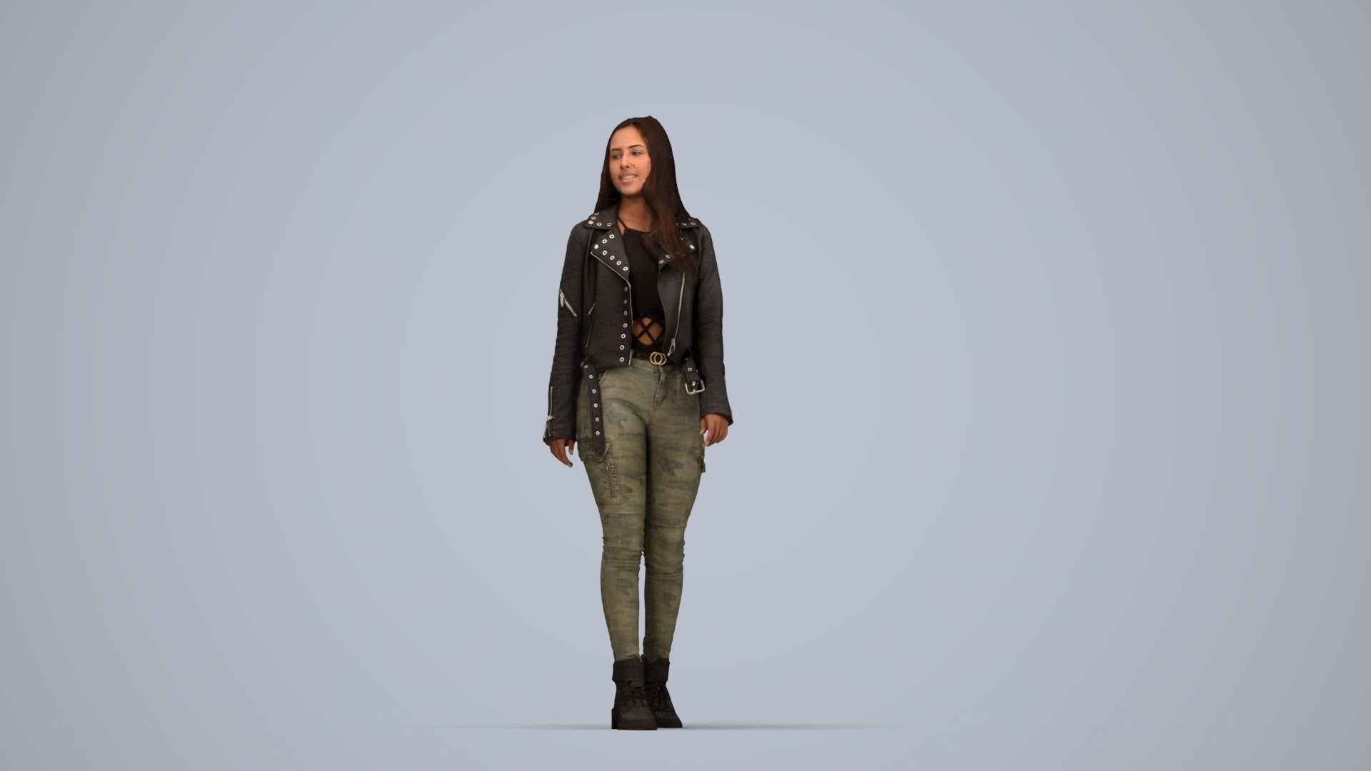 realistic 3D woman casual walking, scanned archviz people for Blender and 3ds Max, top-down view render