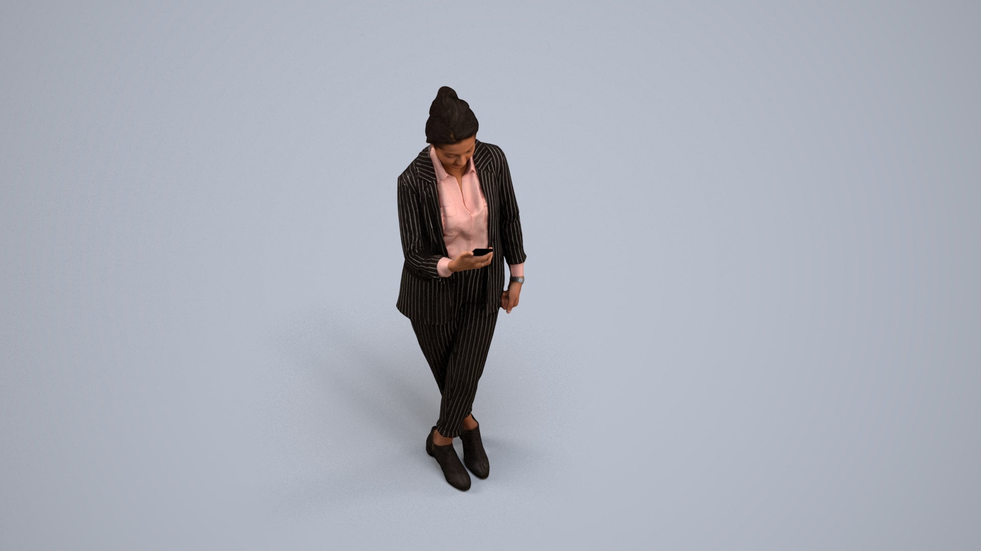 3D human model woman business, photogrammetry scanned person for archviz, back view render