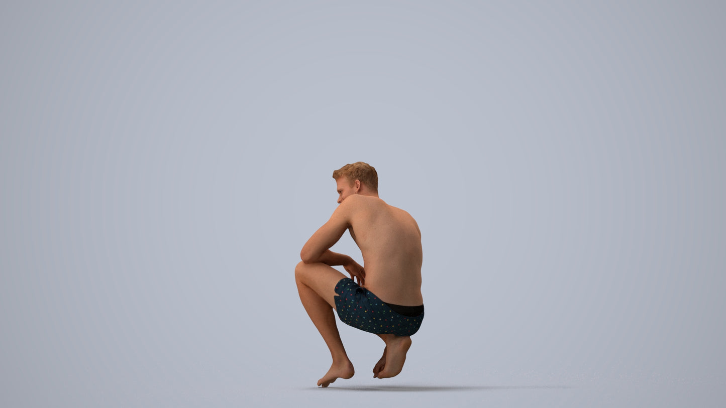realistic 3D human man pool, archviz people FBX OBJ for Blender, three-quarter view render