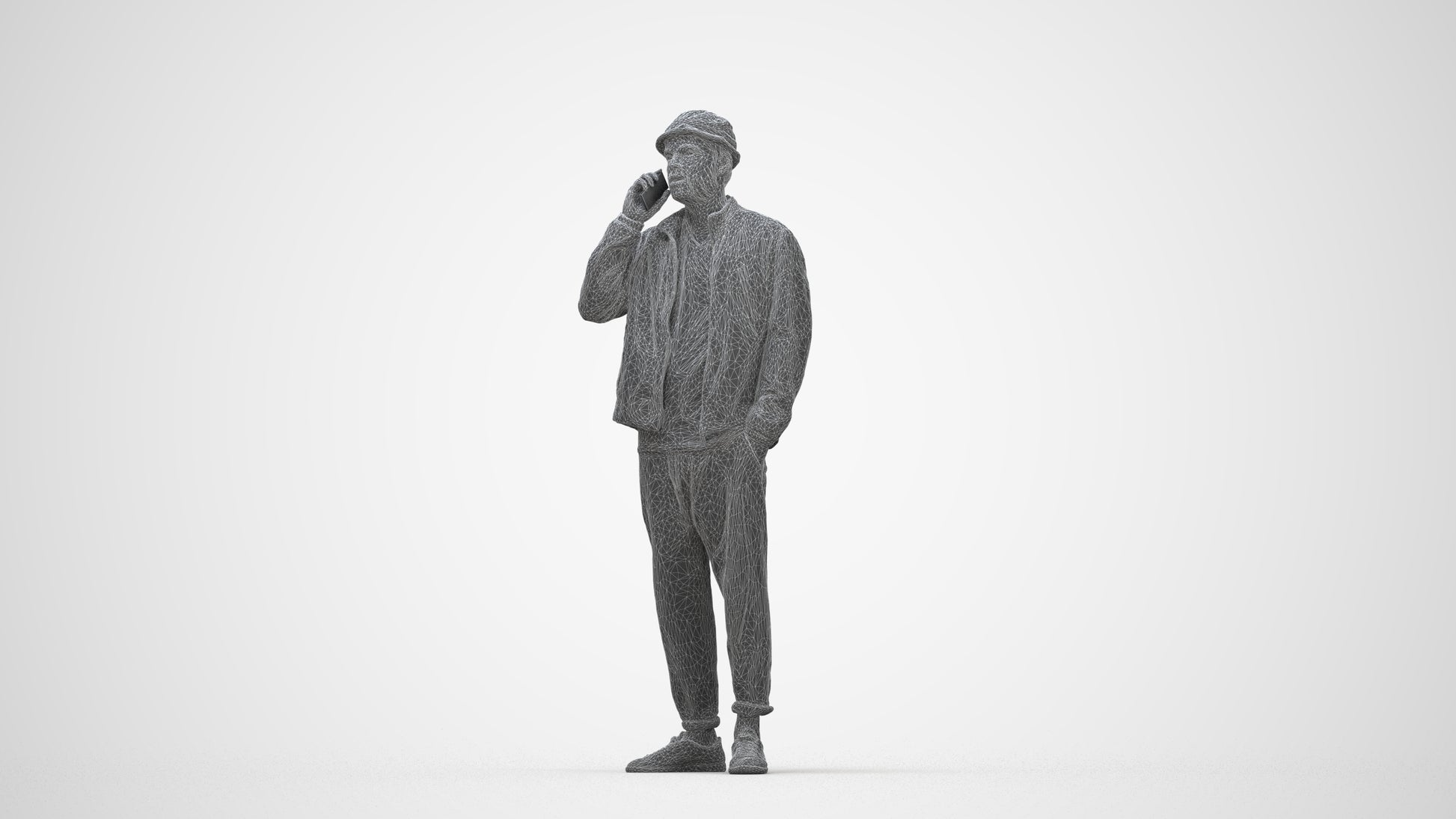 3D scanned man standing casual, photorealistic archviz people for Enscape and SketchUp, wireframe back view