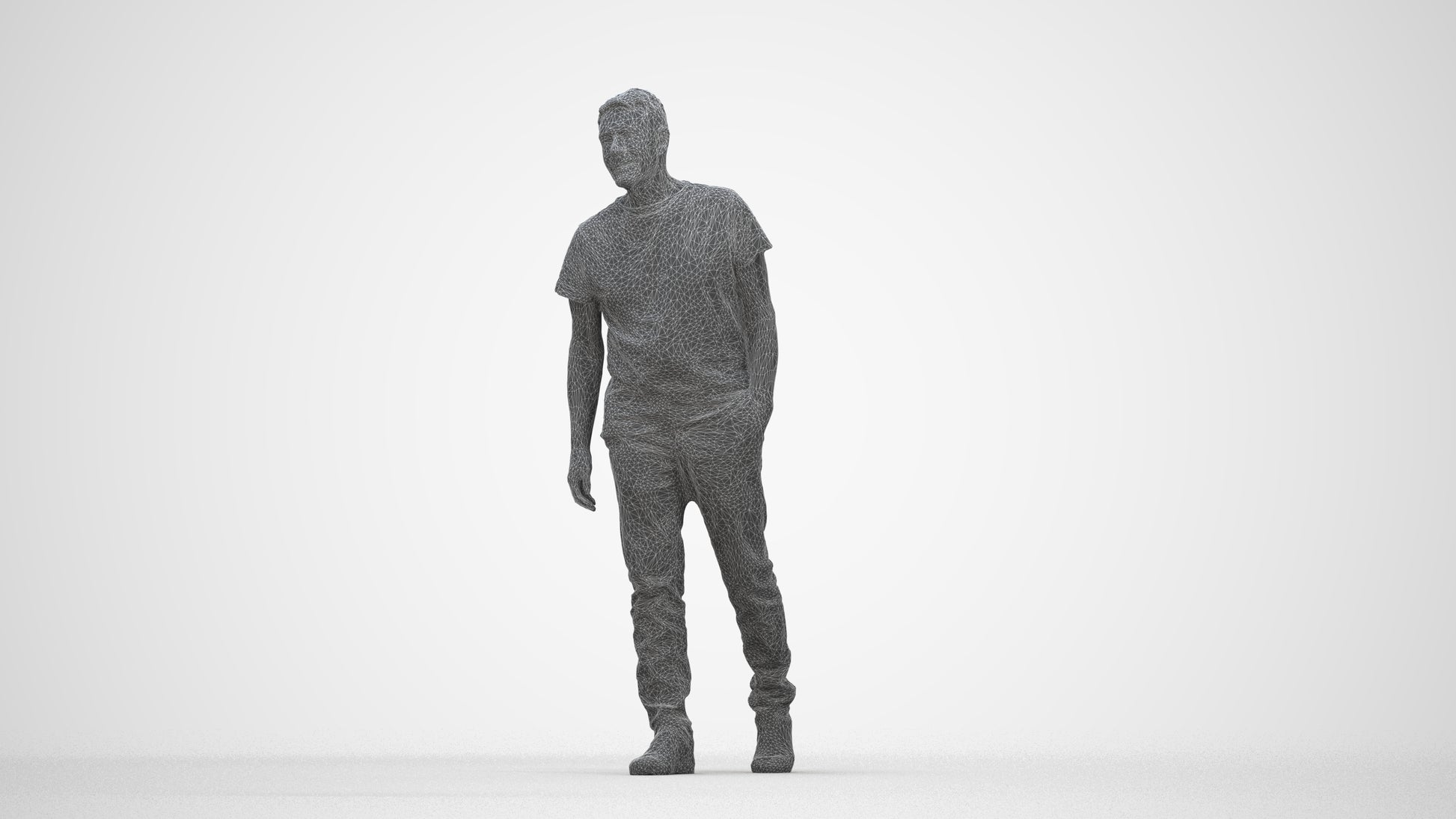 realistic 3D senior man casual walking, scanned archviz people for Blender and 3ds Max, wireframe back view