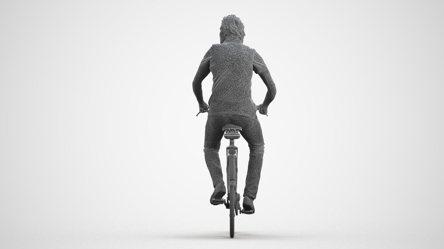 3D scanned man cycling casual, photorealistic archviz people for Enscape and SketchUp, wireframe front view