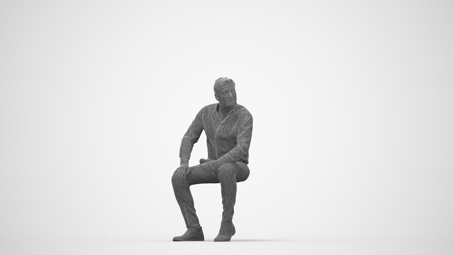 3D scanned man sitting casual, photorealistic archviz people for Enscape and SketchUp, wireframe back view
