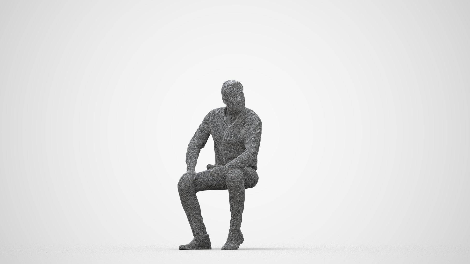 3D scanned man sitting casual, photorealistic archviz people for Enscape and SketchUp, wireframe back view