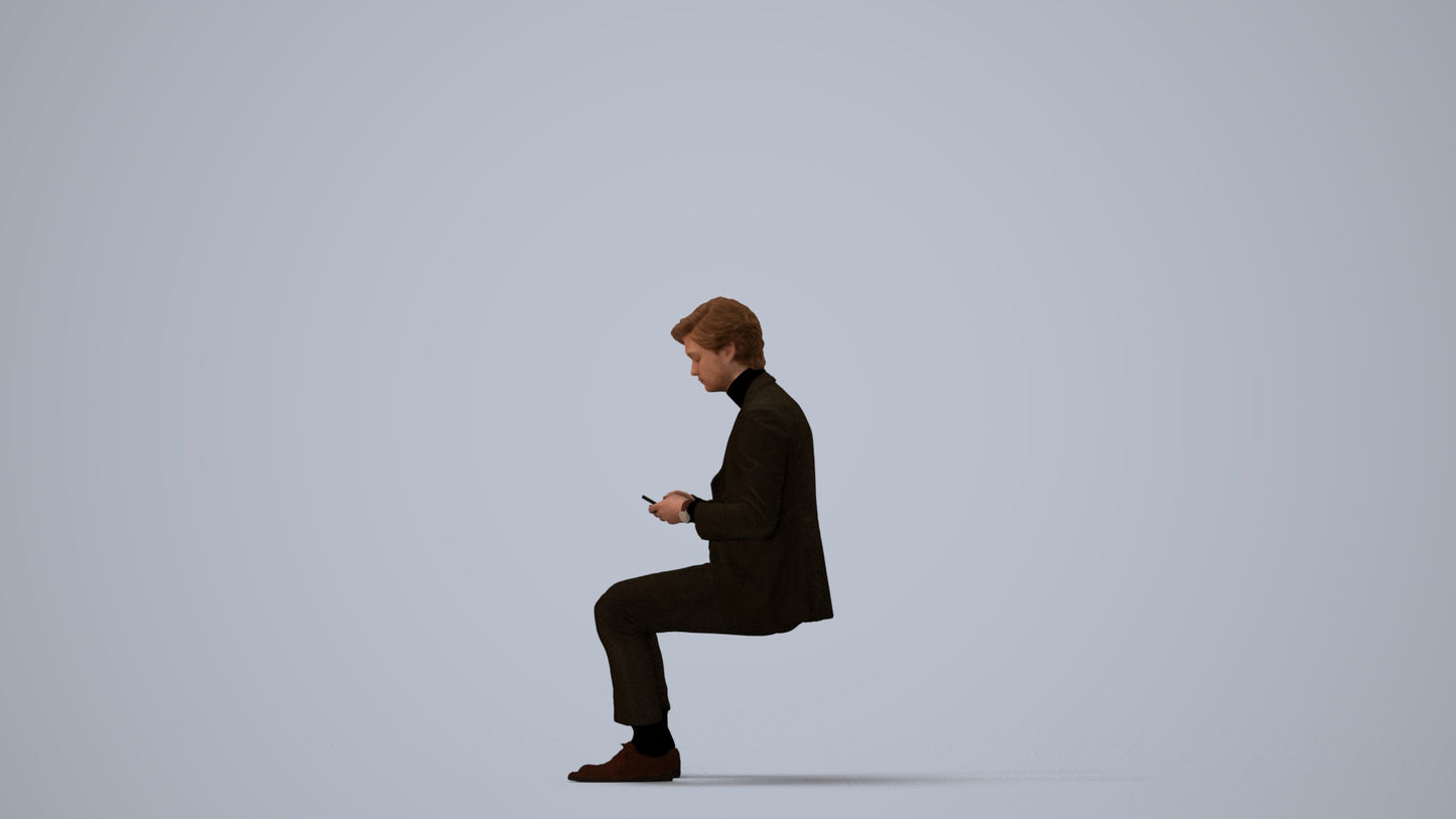 photogrammetry 3D man business sitting, realistic human model archviz FBX, three-quarter view render