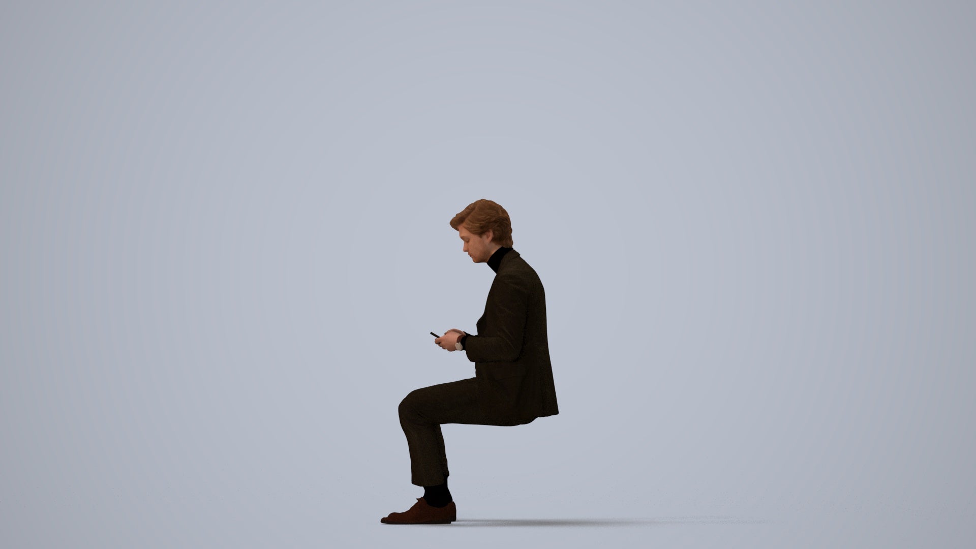 photogrammetry 3D man business sitting, realistic human model archviz FBX, three-quarter view render