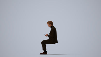 photogrammetry 3D man business sitting, realistic human model archviz FBX, three-quarter view render