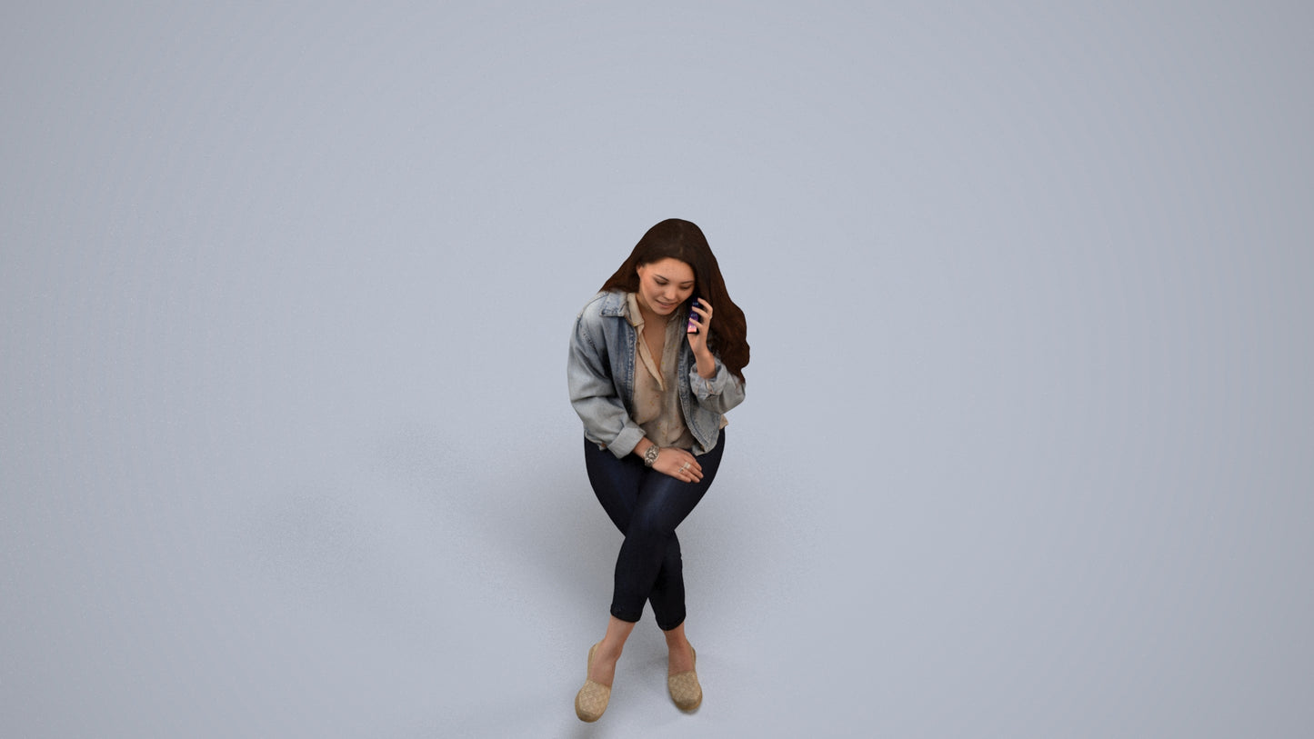 realistic 3D human woman casual sitting, archviz people FBX OBJ for Blender, back view render
