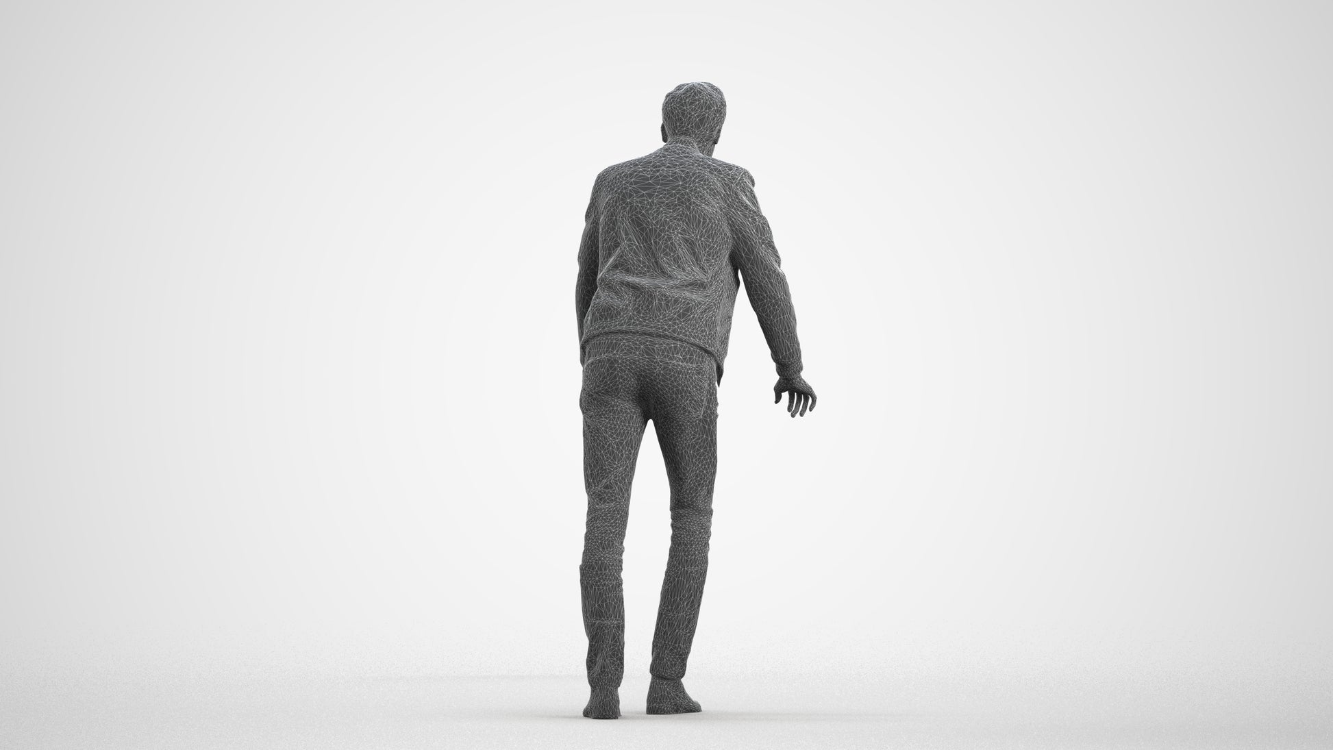 realistic 3D man casual walking, scanned archviz people for Blender and 3ds Max, wireframe front view