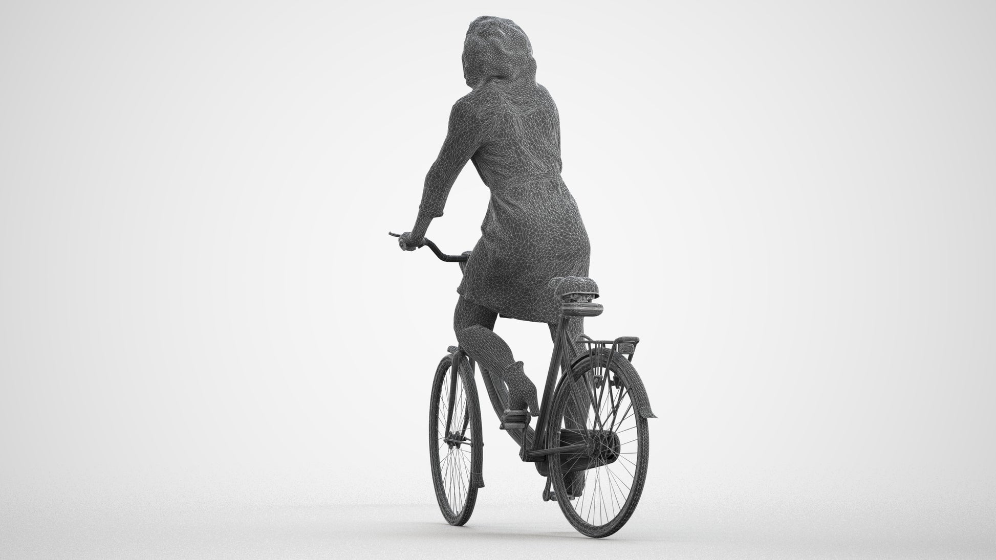 3D people model woman casual cycling, scanned human for 3ds Max rendering, wireframe front view