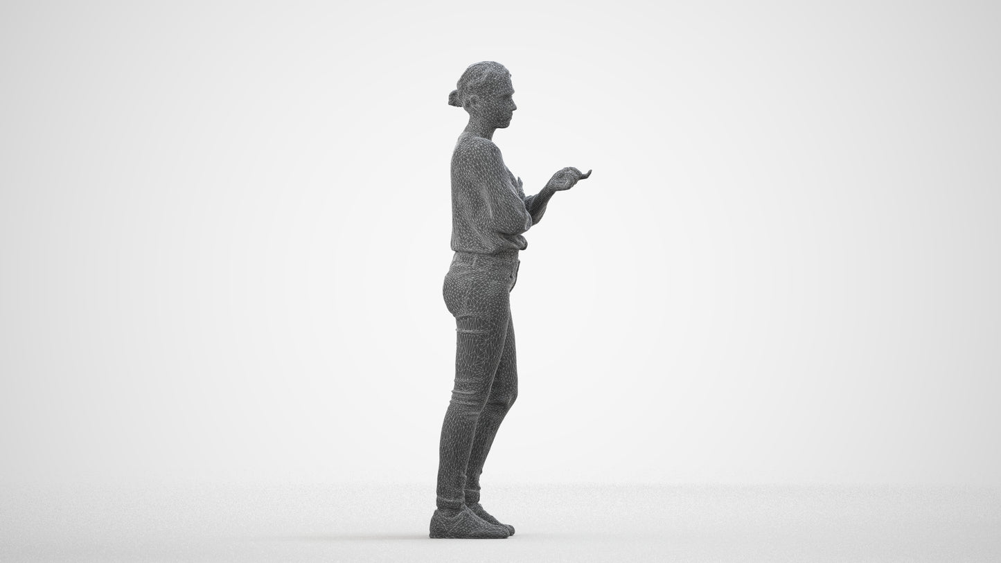 3D human model woman casual standing, photogrammetry scanned person for archviz, wireframe side view