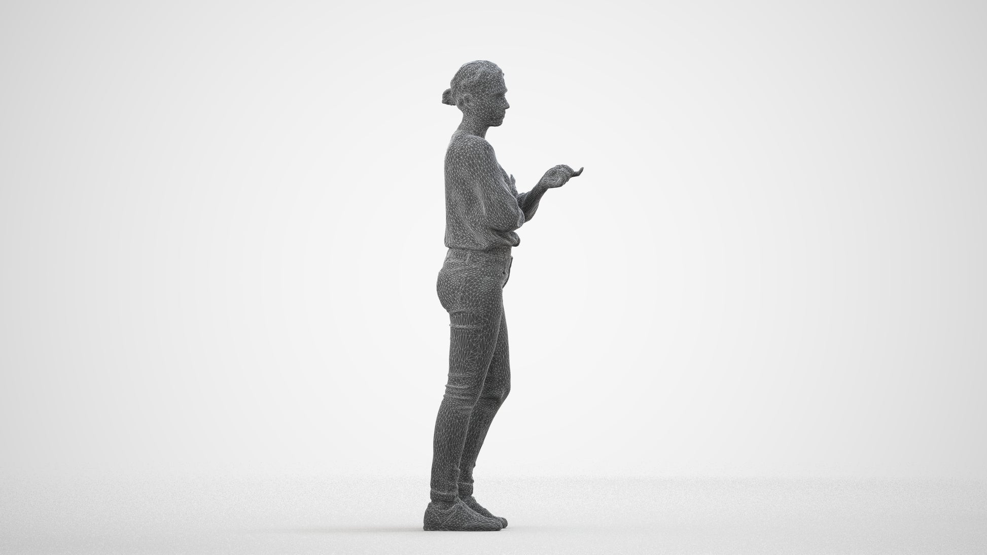 3D human model woman casual standing, photogrammetry scanned person for archviz, wireframe side view