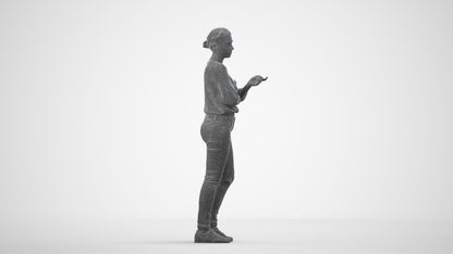 3D human model woman casual standing, photogrammetry scanned person for archviz, wireframe side view