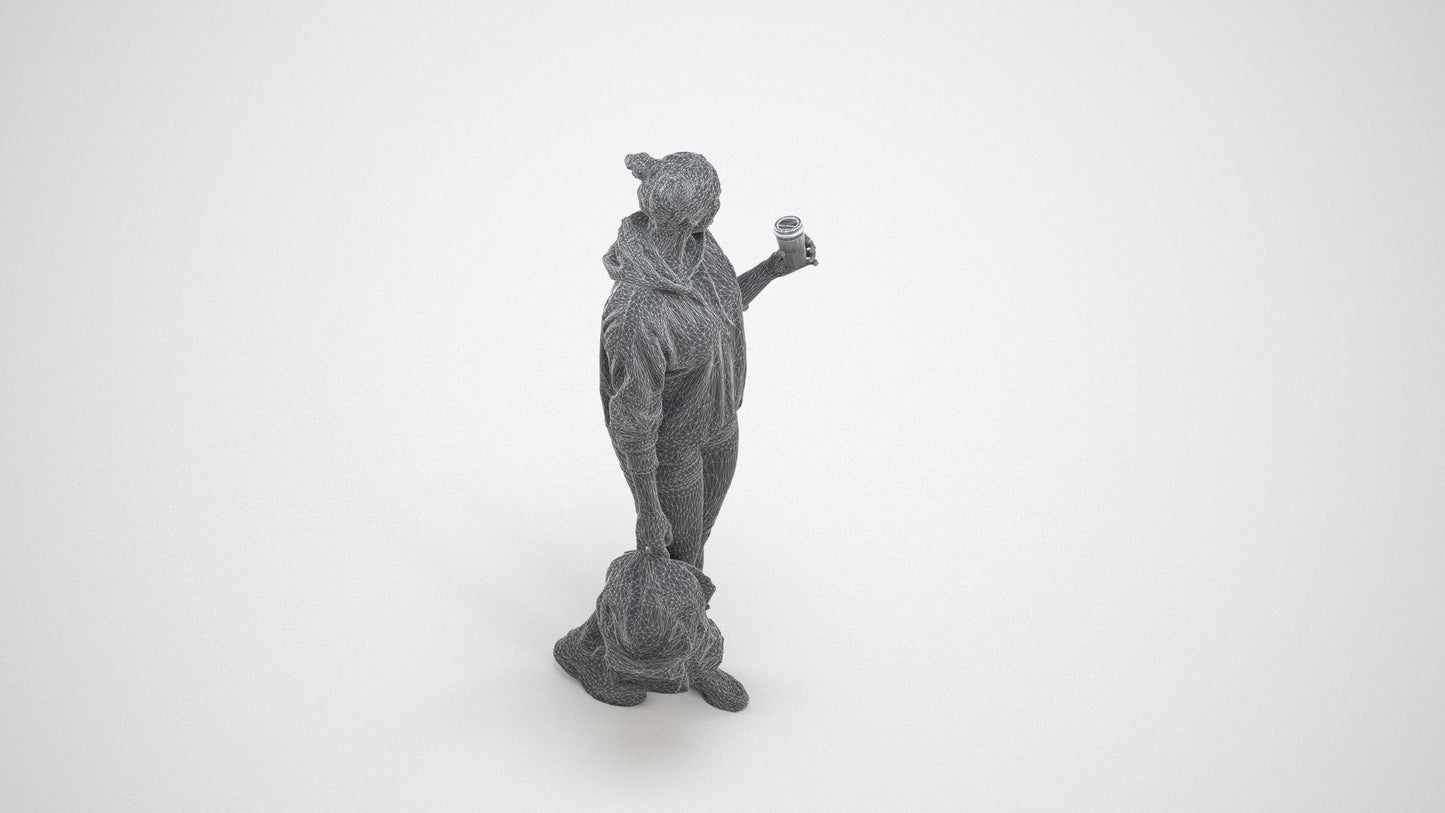 realistic 3D woman casual walking, scanned archviz people for Blender and 3ds Max, wireframe three-quarter view