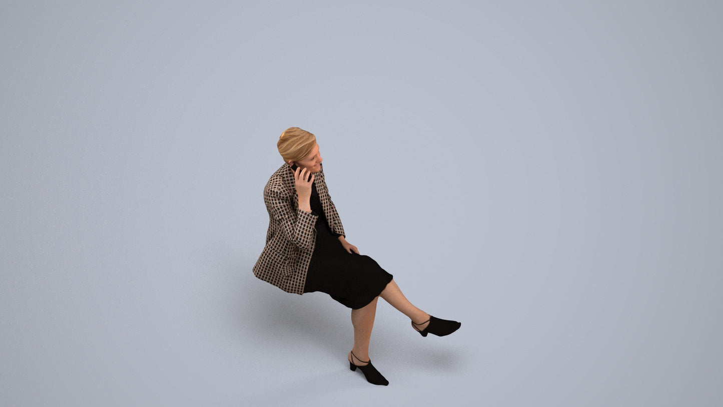 3D human model woman business sitting, photogrammetry scanned person for archviz, back view render
