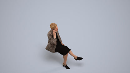 3D human model woman business sitting, photogrammetry scanned person for archviz, back view render
