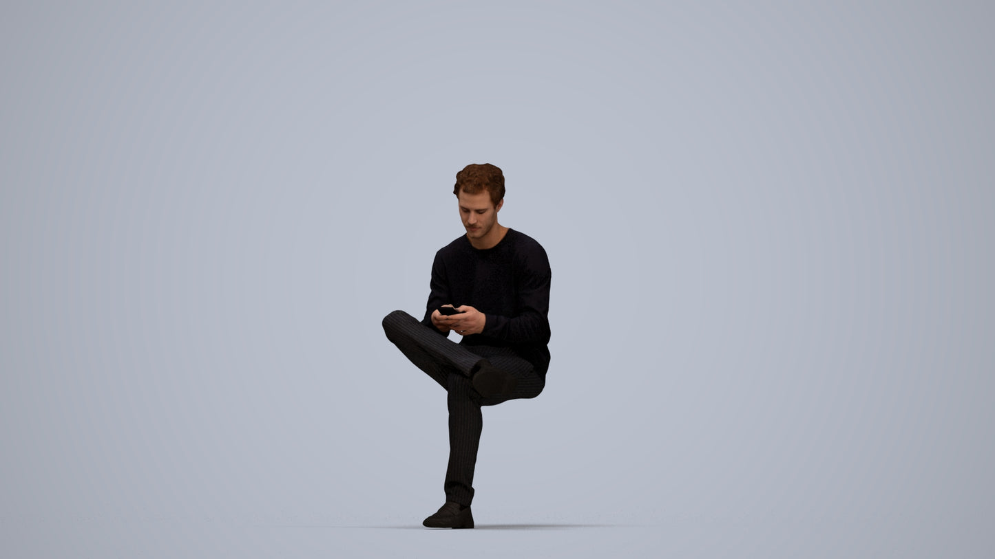 3D scanned man sitting casual, photorealistic archviz people for Enscape and SketchUp, top-down view render
