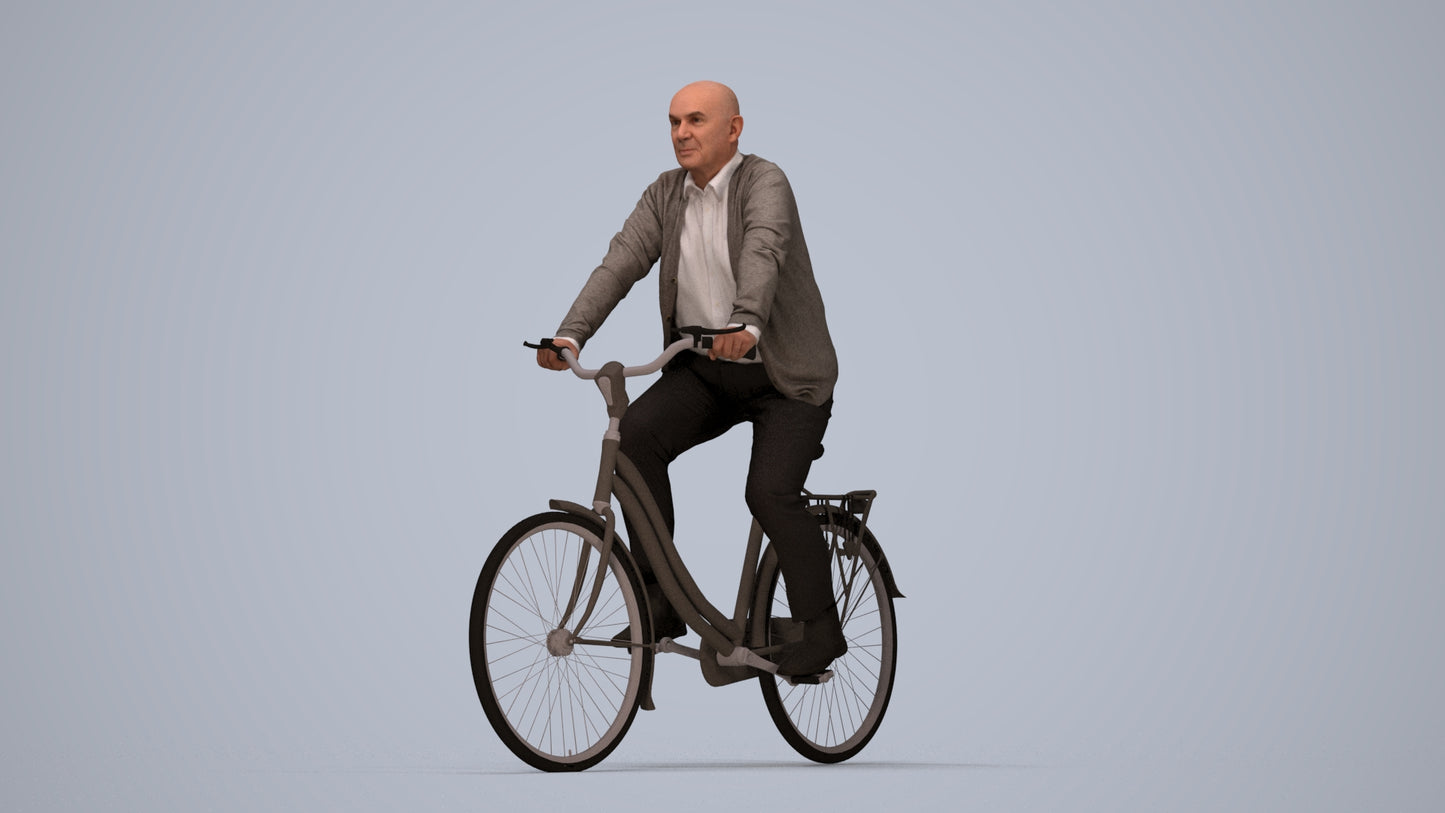 3D human model senior man business cycling, photogrammetry scanned person for archviz, top-down view render
