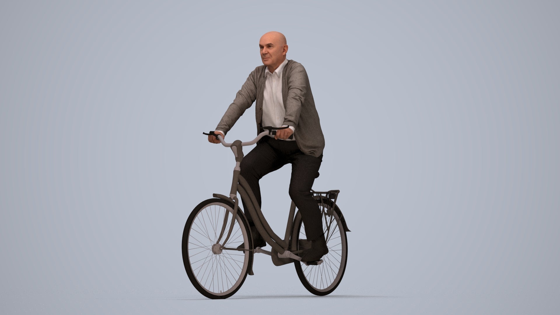 3D human model senior man business cycling, photogrammetry scanned person for archviz, top-down view render