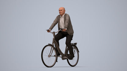 3D human model senior man business cycling, photogrammetry scanned person for archviz, top-down view render