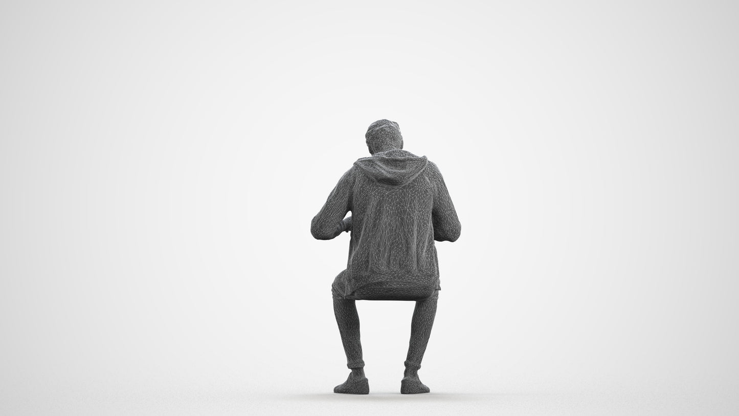 realistic 3D man casual sitting, scanned archviz people for Blender and 3ds Max, wireframe front view
