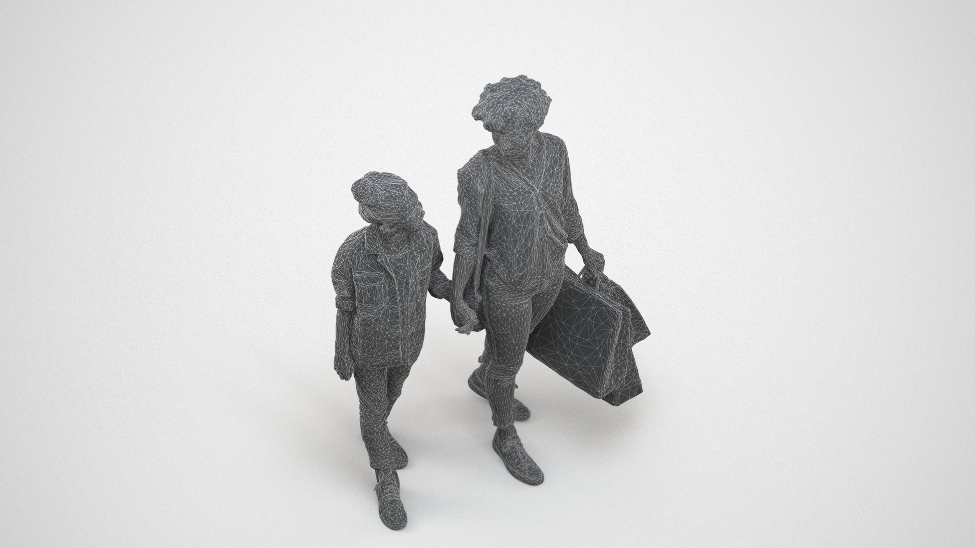 3D human model girl casual kids, photogrammetry scanned person for archviz, wireframe three-quarter view