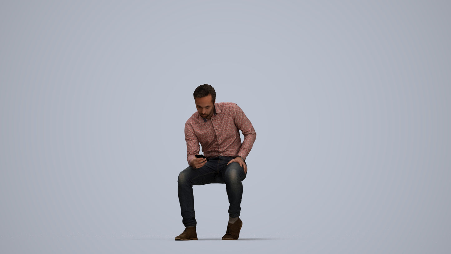 3D people model man casual sitting, scanned human for 3ds Max rendering, top-down view render