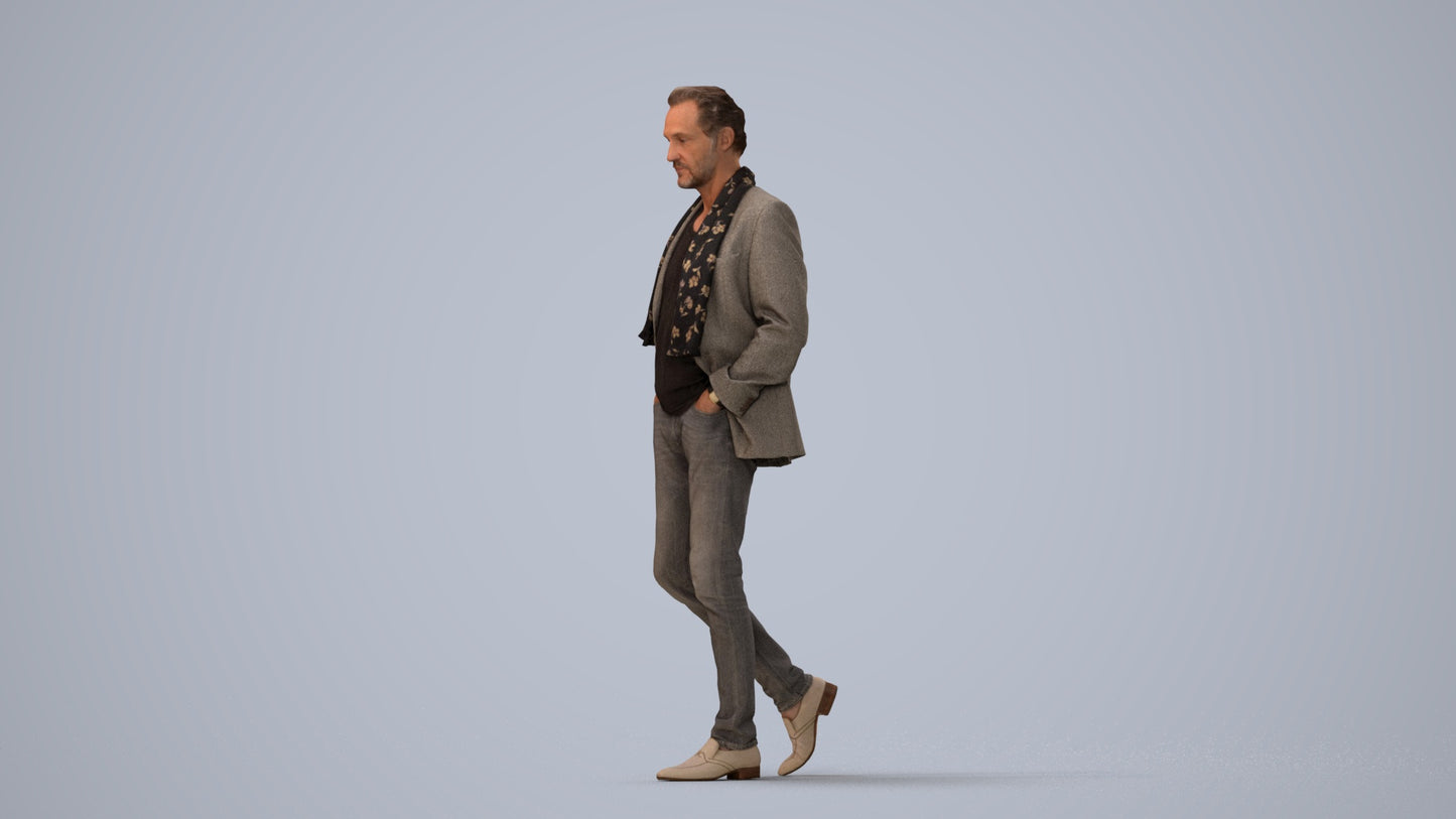 realistic 3D man business standing, scanned archviz people for Blender and 3ds Max, three-quarter view render